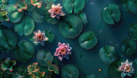 A tranquil pond with lily pads and water lilies floating on the surface, creating an enchanting scene of nature's beauty. High-resolution photography, high-quality render, top view, bird's-eye view, bird's-eye perspective, boho style, green leaves, pink flowers, Canon EOS R5. --ar 7:4 --v 6 Job ID: fae43b36-5631-4aaa-989b-e22abd1a6b8bの素材