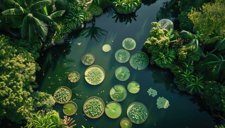 scenic garden pond with water lilies and floating pads, aerial view. 8k. --ar 7:4 --v 6 Job ID: 5c74d663-a398-44ba-b5a5-e09e5500b6f6の素材