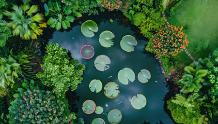 scenic garden pond with water lilies and floating pads, aerial view. --ar 7:4 --v 6 Job ID: 2faca808-992c-4690-a185-03a4a2b00486の素材