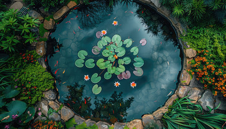 scenic garden pond with water lilies and floating pads, aerial view. --ar 7:4 --stylize 750 --v 6 Job ID: 1ff88325-25c3-4567-b6b6-b0893efd8cd9の素材