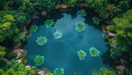 scenic garden pond with water lilies and floating pads, aerial view. --ar 7:4 --stylize 750 --v 6 Job ID: 1ff88325-25c3-4567-b6b6-b0893efd8cd9の素材