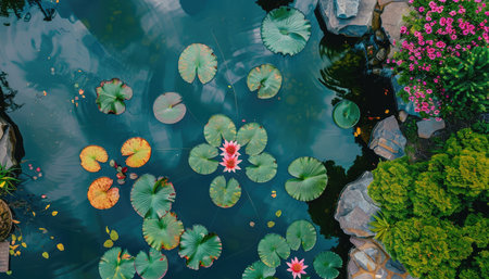An overhead view of a pond with water lilies, their green leaves and pink blooms floating on the water&#39;s surface. Lush green foliage and rocks surround the pond.の素材