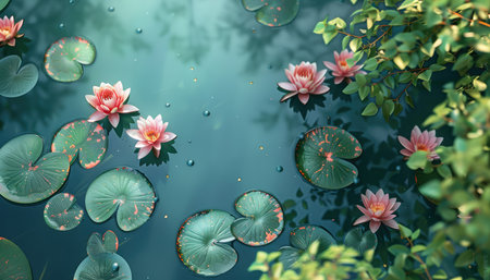 A tranquil pond with lily pads and water lilies floating on the surface, creating an enchanting scene of nature's beauty. High-resolution photography, high-quality render, top view, bird's-eye view, bird's-eye perspective, boho style, green leaves, pink flowers, Canon EOS R5. --ar 7:4 --v 6 Job ID: f966be30-922a-49e2-ba82-9fa40370acf0の素材