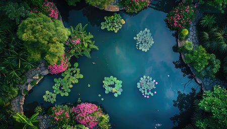 scenic garden pond with water lilies and floating pads, aerial view. 8k. --ar 7:4 --v 6 Job ID: 8beb24a8-d5f8-4da5-9990-e158877d3f1cの素材