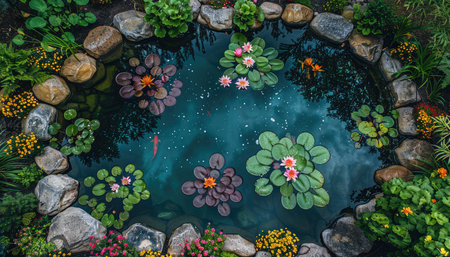 scenic garden pond with water lilies and floating pads, aerial view. --ar 7:4 --stylize 750 --v 6 Job ID: 1ff88325-25c3-4567-b6b6-b0893efd8cd9の素材