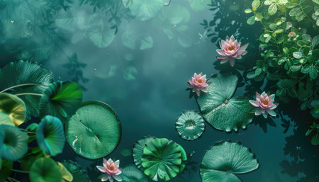 A tranquil pond with lily pads and water lilies floating on the surface, creating an enchanting scene of nature's beauty. High-resolution photography, high-quality render, top view, bird's-eye view, bird's-eye perspective, boho style, green leaves, pink flowers, Canon EOS R5. --ar 7:4 --v 6 Job ID: 2119c8dd-2f1d-4da4-8674-d133afcf4ae8の素材