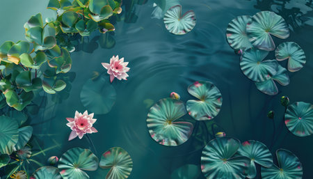 A tranquil pond with lily pads and water lilies floating on the surface, creating an enchanting scene of nature's beauty. High-resolution photography, high-quality render, top view, bird's-eye view, bird's-eye perspective, boho style, green leaves, pink flowers, Canon EOS R5. --ar 7:4 --v 6 Job ID: 9d628ece-9658-46f1-968c-789696746cd8の素材