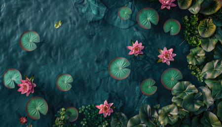 A tranquil pond with lily pads and water lilies floating on the surface, creating an enchanting scene of nature's beauty. High-resolution photography, high-quality render, top view, bird's-eye view, bird's-eye perspective, boho style, green leaves, pink flowers, Canon EOS R5. --ar 7:4 --v 6 Job ID: fae43b36-5631-4aaa-989b-e22abd1a6b8bの素材