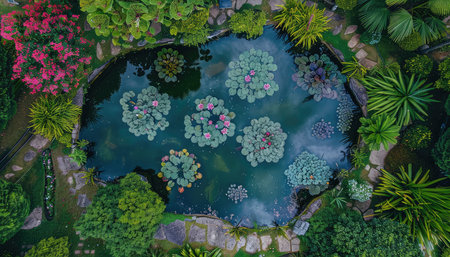 scenic garden pond with water lilies and floating pads, aerial view. --ar 7:4 --v 6 Job ID: 2faca808-992c-4690-a185-03a4a2b00486の素材