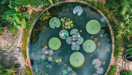 An aerial view of a pond with giant water lily pads and pink flowers, surrounded by lush greenery.の素材