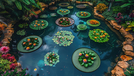 scenic garden pond with water lilies and floating pads, aerial view. --ar 7:4 --stylize 750 --v 6 Job ID: ccc81c25-ed2d-4e77-95a2-7a72fe065396の素材
