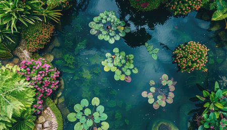 An aerial view of a pond with vibrant green lily pads, surrounding pink and orange flowers, and lush greenery.の素材