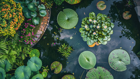A serene pond with water lilies, lily pads, and vibrant greenery, viewed from an aerial perspective.の素材