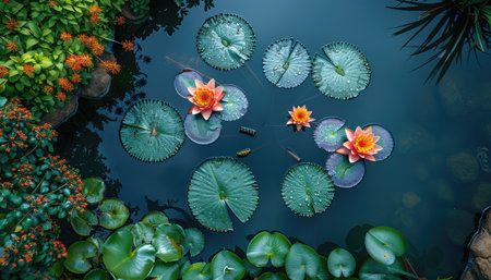 scenic garden pond with water lilies and floating pads, aerial view. --ar 7:4 --stylize 750 --v 6 Job ID: d5b47c03-ceea-428e-8992-445e48e44947の素材