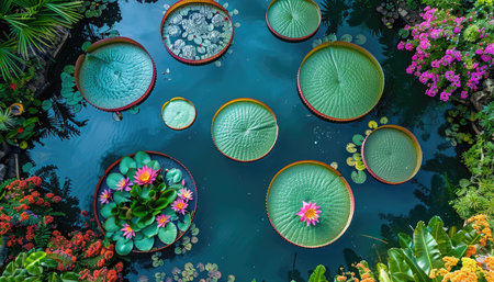 A top-down view of a pond with large water lily pads and vibrant pink flowers, surrounded by lush greenery.の素材