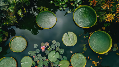 A pond filled with giant water lily pads, showcasing their green leaves and a pink blooming flower.の素材