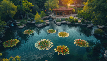 A serene garden pond with floating flower arrangements, a gazebo in the background, and lush greenery surrounding it.の素材