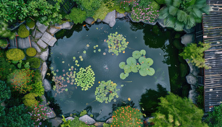 An aerial view of a pond surrounded by lush greenery and flowers.の素材