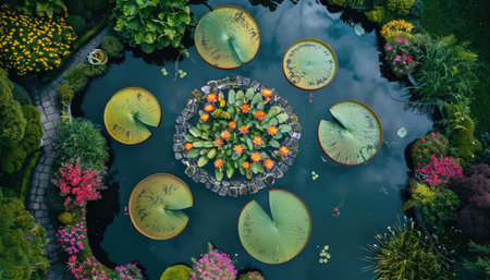scenic garden pond with water lilies and floating pads, aerial view. --ar 7:4 --v 6 Job ID: c44f443e-5119-4534-b2a3-3aa6c3b790d1の素材