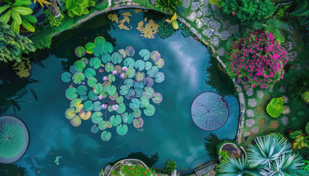 An aerial view of a tranquil pond with water lily pads, pink flowers, and lush green foliage surrounding it.の素材
