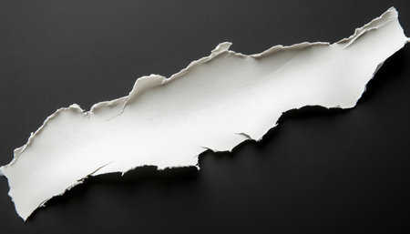 A white piece of paper with a torn edge, resting on a black surface.の素材