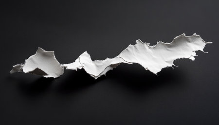 A close-up of a torn white paper strip against a black background.の素材