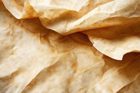 Close-up of a crumpled piece of paper with a brown and beige texture.の素材