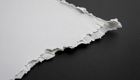 Close-up image of a torn piece of white paper on a black surface.の素材