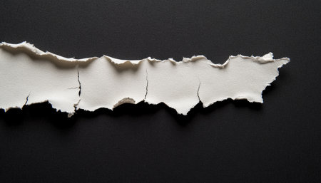 A close-up view of a ripped white paper strip against a black background.の素材