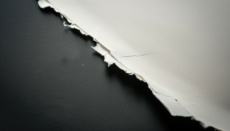 A close-up of a piece of torn white paper on a black surface, highlighting the texture and contrast between the two materials.の素材