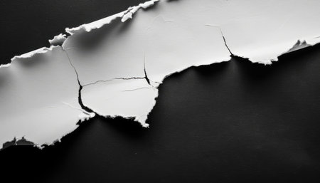 A close-up view of a white paper fragment with a torn edge, against a black background.の素材