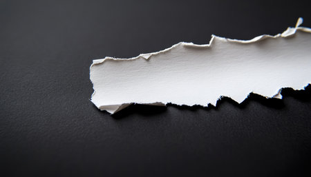 A close-up view of a torn piece of white paper against a black background, showcasing the uneven texture and jagged edges.の素材