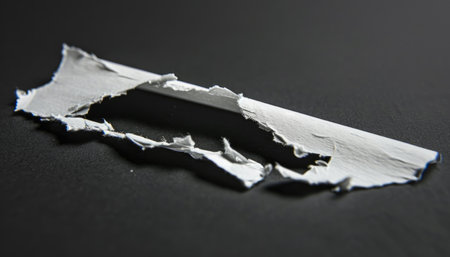 A close-up view of a torn white paper strip on a black surface.の素材