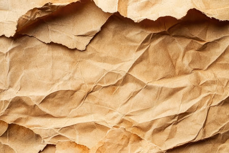 A close-up image of a brown paper bag with a wrinkled and crumpled texture.の素材