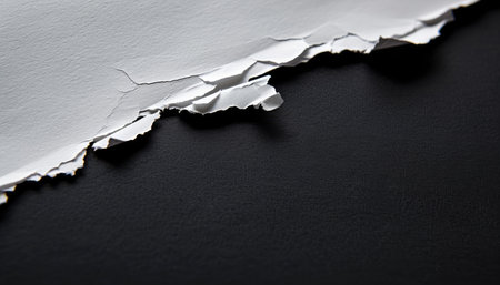 A close-up view of a torn piece of white paper revealing a textured black background.の素材