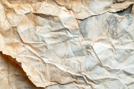 A close-up photograph of a wrinkled, aged, and torn piece of beige paper with a faint branch imprint.の素材