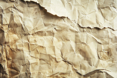 Close-up of a crumpled and stained sheet of paper, revealing a textured and aged surface.の素材