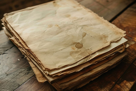 A close-up image of a stack of old, worn, and stained paper sheets resting on a wooden table.の素材