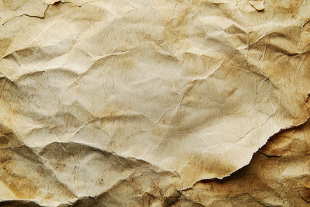 A close-up image of crumpled, aged, and textured paper with a faded brown color.の素材