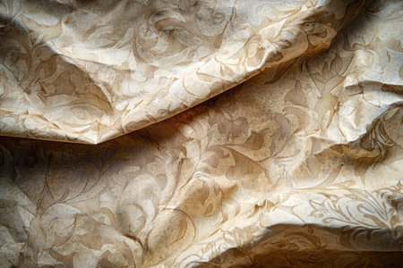 A close-up view of a beige fabric with a delicate floral pattern, showcasing its texture and folds.の素材
