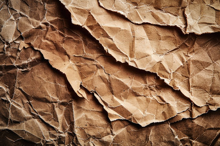 A close-up of crinkled brown paper with a textured and uneven surface.の素材
