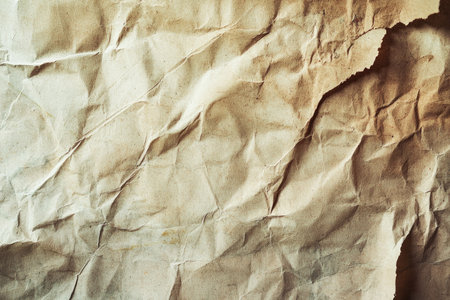 A detailed close-up of a wrinkled brown paper texture.の素材