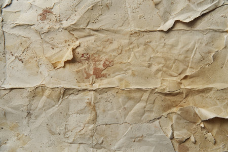 A close-up view of an old, wrinkled, and stained piece of paper, revealing its texture and damage.の素材