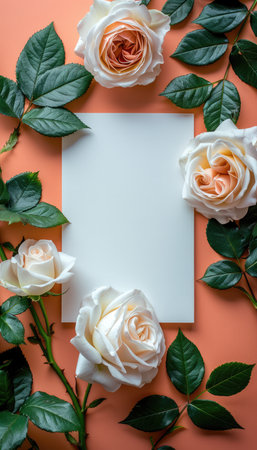 A close-up of three roses and their foliage around a blank white card on a peach background.の素材