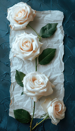 A close-up of four white roses with green leaves on a piece of crumpled white paper against a teal textured background.の素材