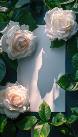 A flat lay image of three white roses and green leaves framing a blank white card.の素材
