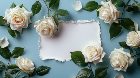 An arrangement of white roses and green leaves around a blank white paper on a blue background.の素材
