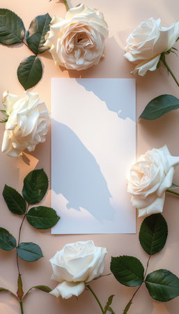 A flat lay composition featuring white roses, green leaves, and a blank card on a pale peach background.の素材