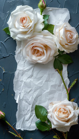A still life image of a white rose bouquet with delicate petals set against a dark textured background and a piece of white crumpled paper.の素材