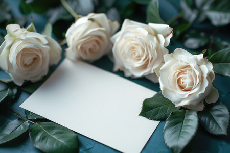 A blank white card surrounded by four white roses and green leaves on a dark teal background.の素材